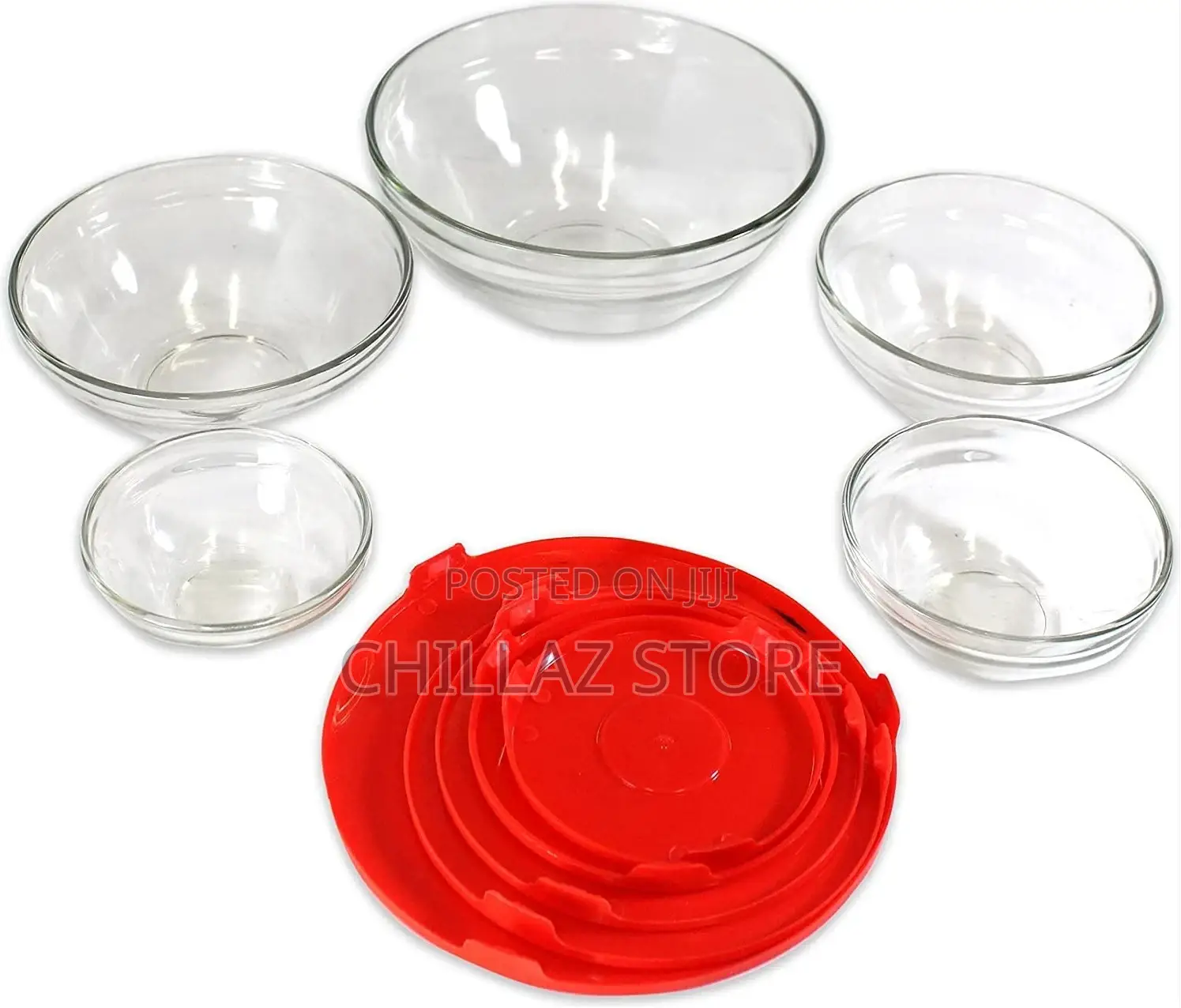 5 Piece Glass Bowl Set With Matching Red Plastic Lids