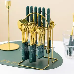24pcs Gold Cutlery (Forks,Spoons Knieves) With Stand-