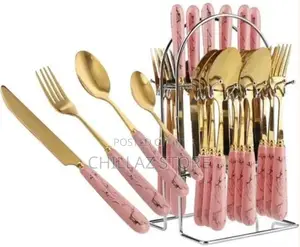 24pcs Gold Cutlery (Forks,Spoons Knieves) With Stand-