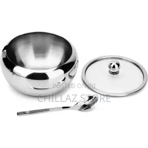 Steel Sugar Bowl With Spoon and Glass Lid Container Jar