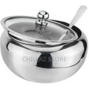 Steel Sugar Bowl With Spoon and Glass Lid Container Jar
