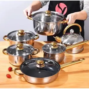 6 Pc Gold Handles Stainless Steel Saucepans Cookware /Kettle