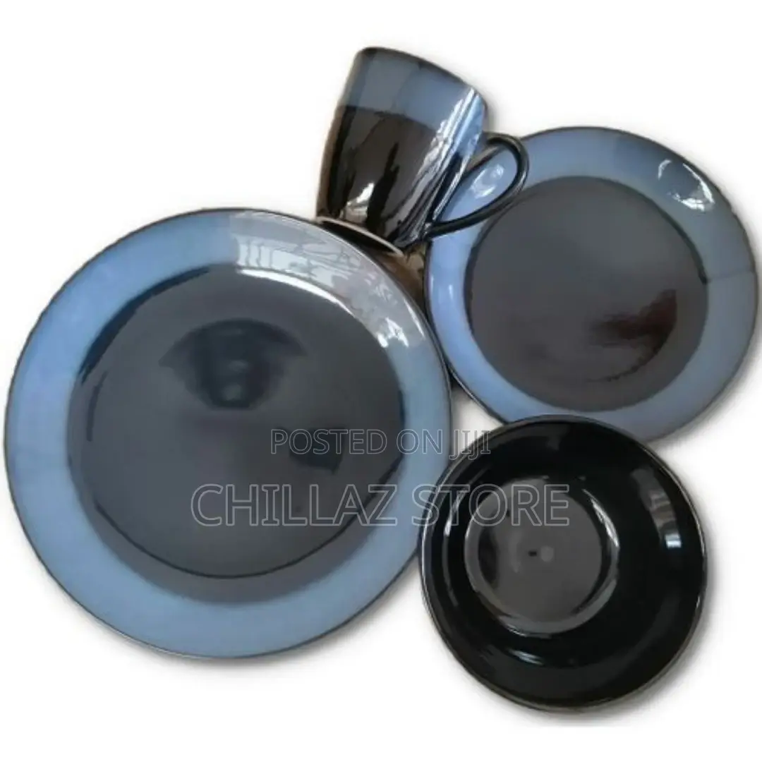 16 Piece Blue Rim Plates, Cups, Bowls Dinner Set –