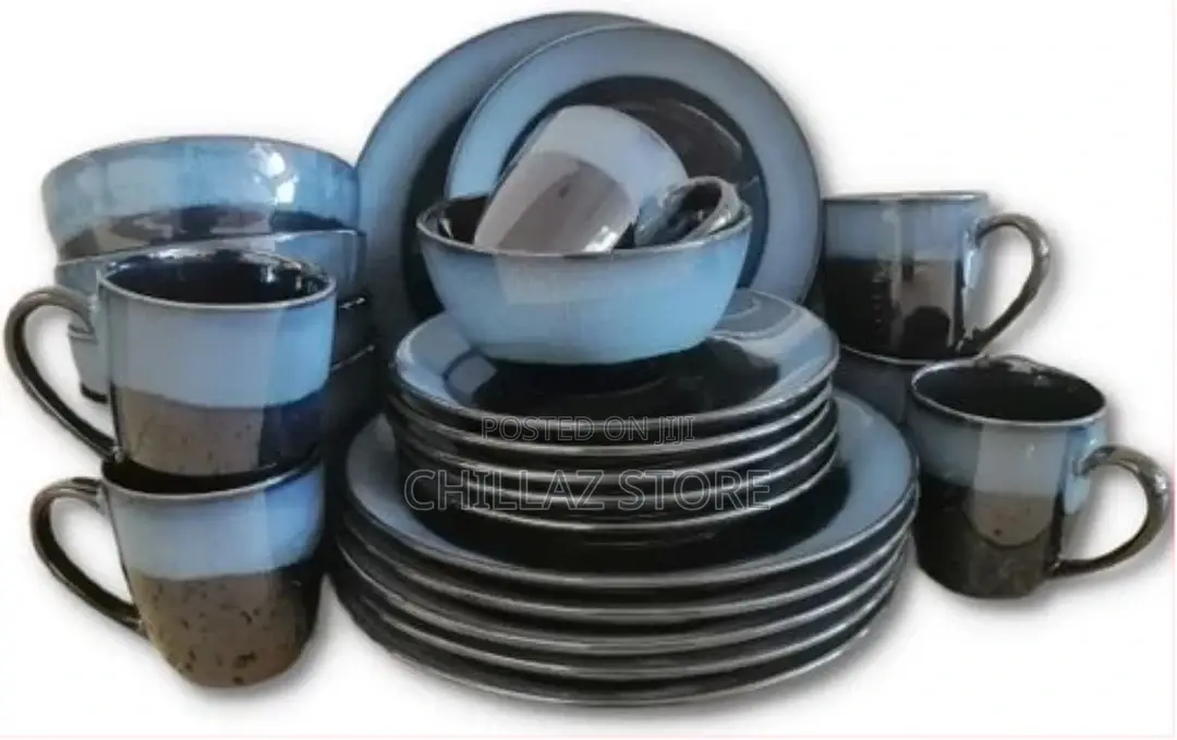 16 Piece Blue Rim Plates, Cups, Bowls Dinner Set –