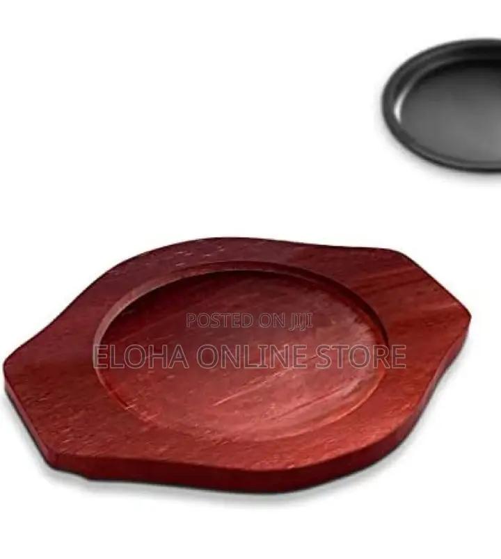 1 Piece Round Cast Iron Steak Plate With Wooden Base