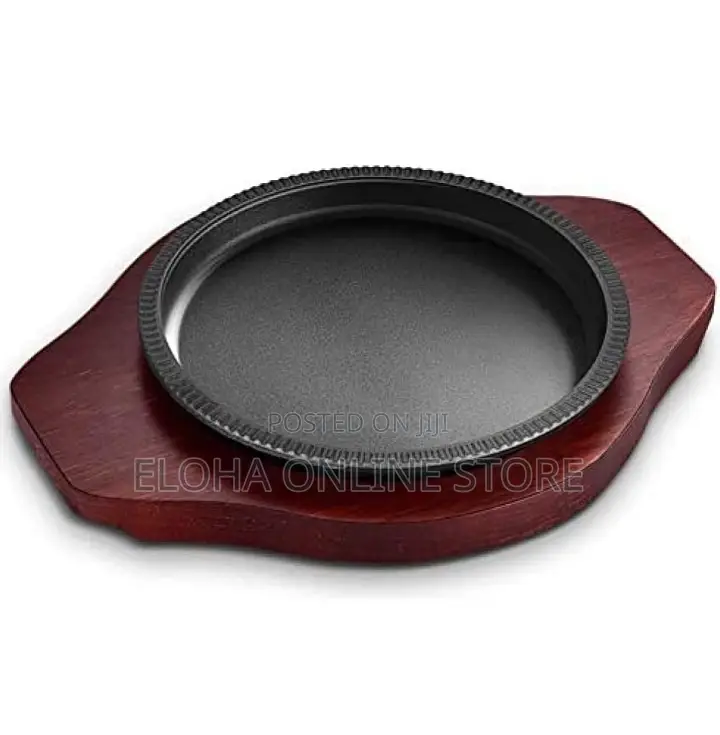 1 Piece Round Cast Iron Steak Plate With Wooden Base