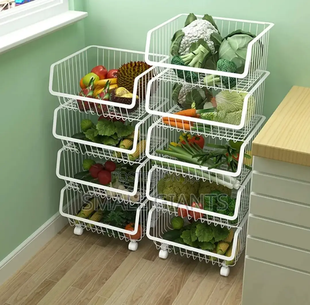 Metal Wire Stackable Fruit Vegetable Basket Rack With Wheels
