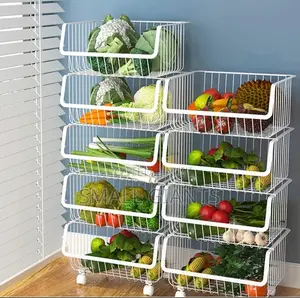 Metal Wire Stackable Fruit Vegetable Basket Rack With Wheels