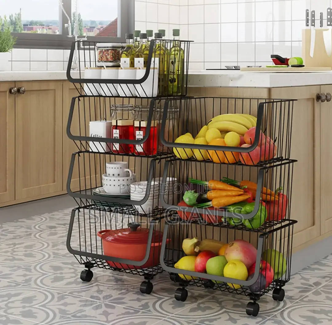 Metal Wire Stackable Fruit Vegetable Basket Rack With Wheels
