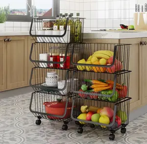 Metal Wire Stackable Fruit Vegetable Basket Rack With Wheels
