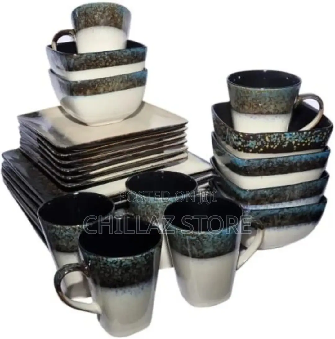 24 Piece Square Marble Plates, Bowls, Cups Dinner
