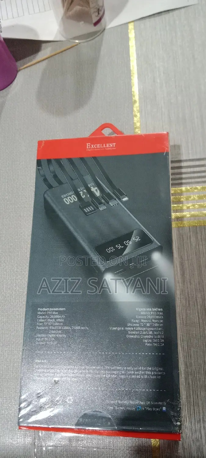 Excellent 20000mah Four Inbuilt Cables + LED Big Light PB