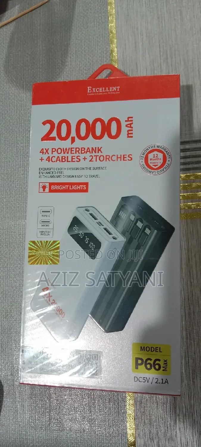 Excellent 20000mah Four Inbuilt Cables + LED Big Light PB