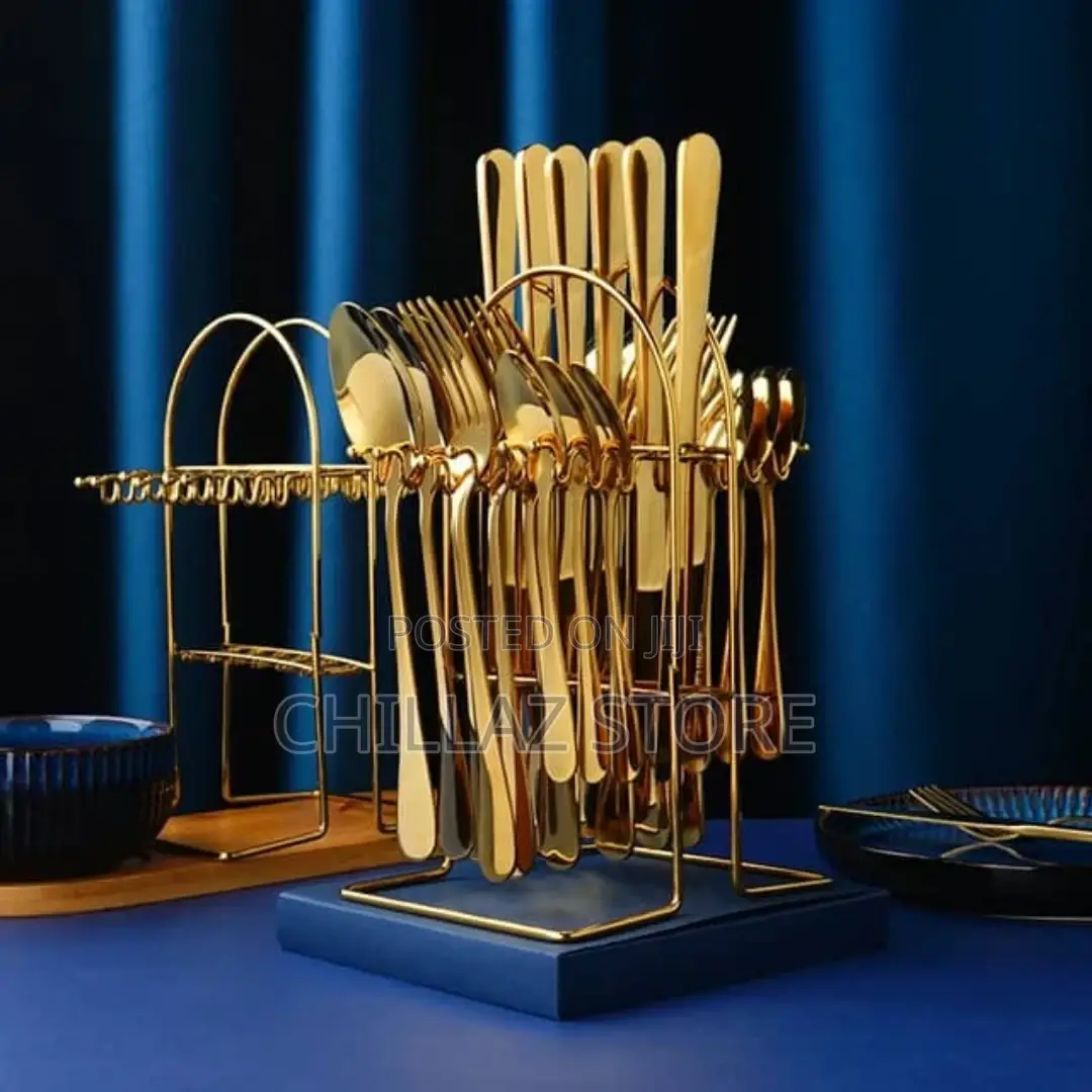 Set of 24 Pieces Gold Cutlery With Stand
