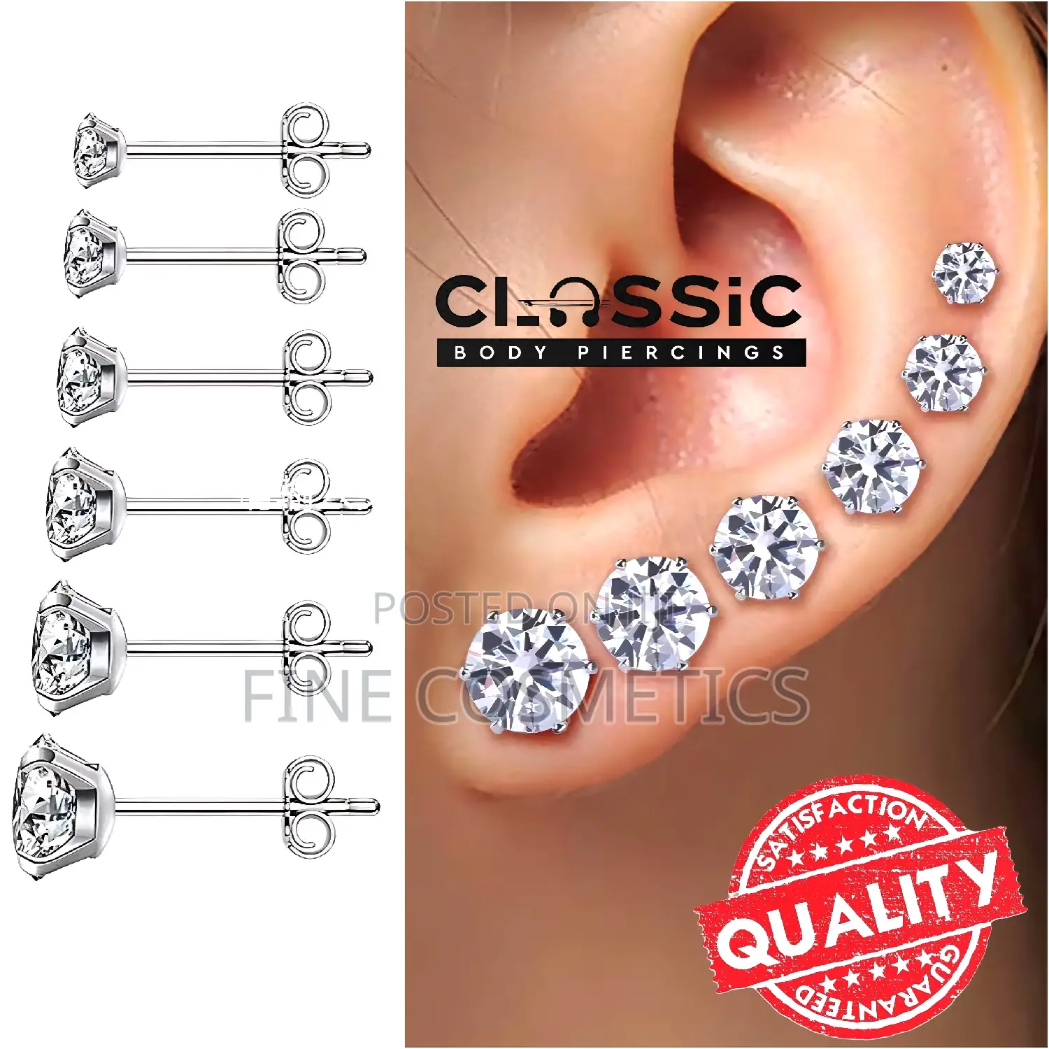 1PAIR Earring Studs,Clear Stainless Steel Silver Ear Jewelry