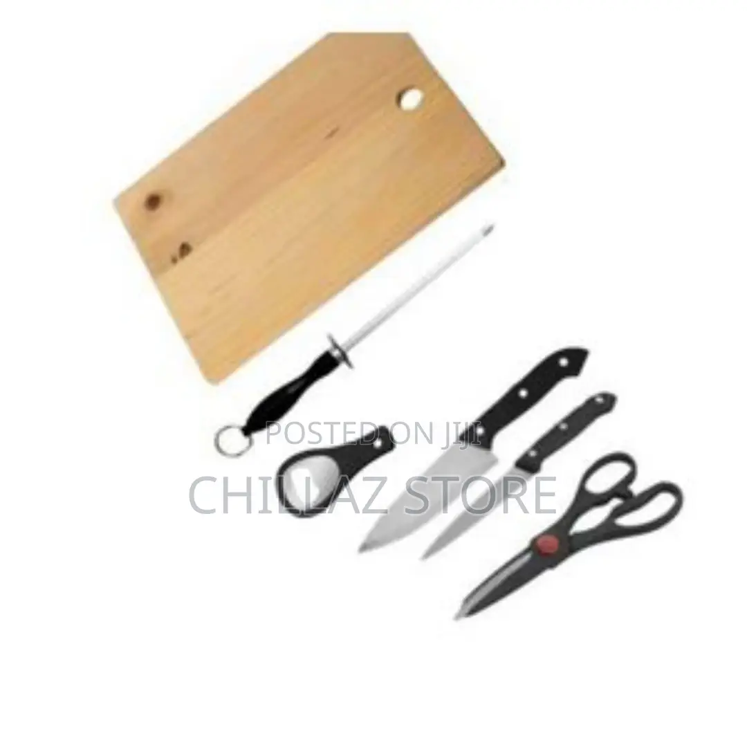 A Set of Kitchen Knives and a Wooden Chopping Board-Black