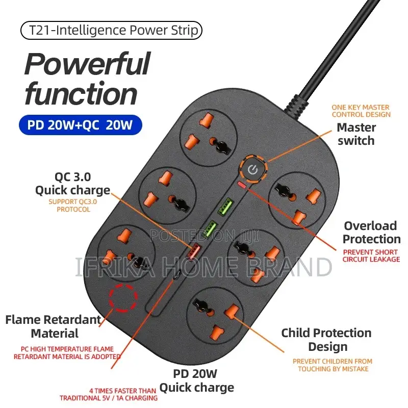 3000W Universal Power Strip Socket Extension Cable USB