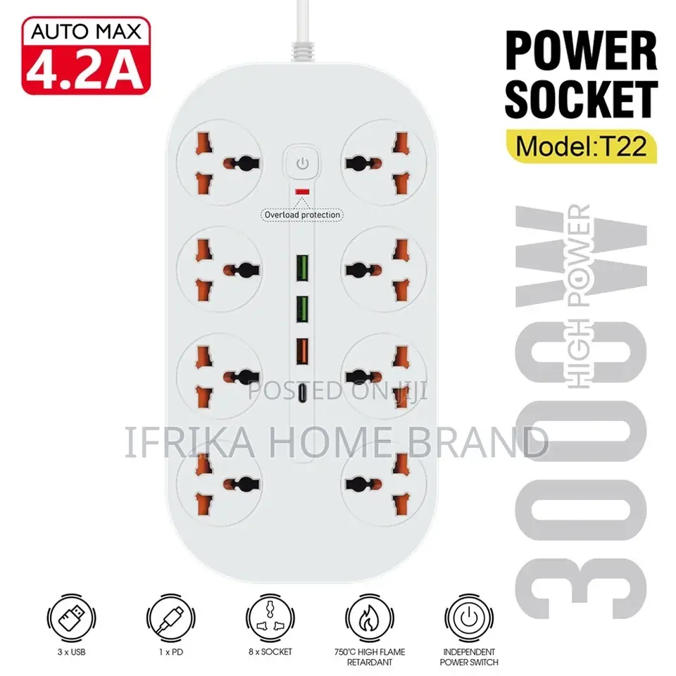 3000W Universal Power Strip Socket Extension Cable USB
