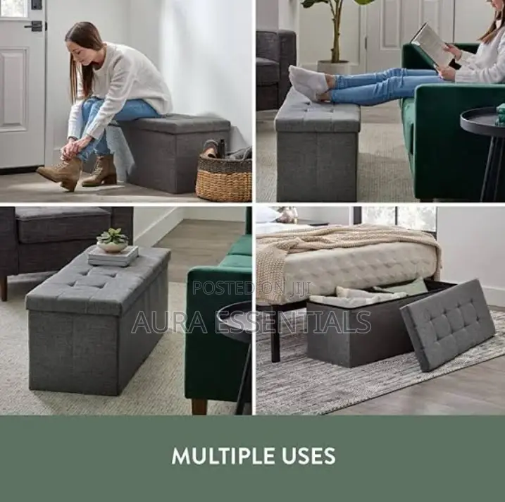 Foldable Tufted Linen Storage Ottoman's Bench