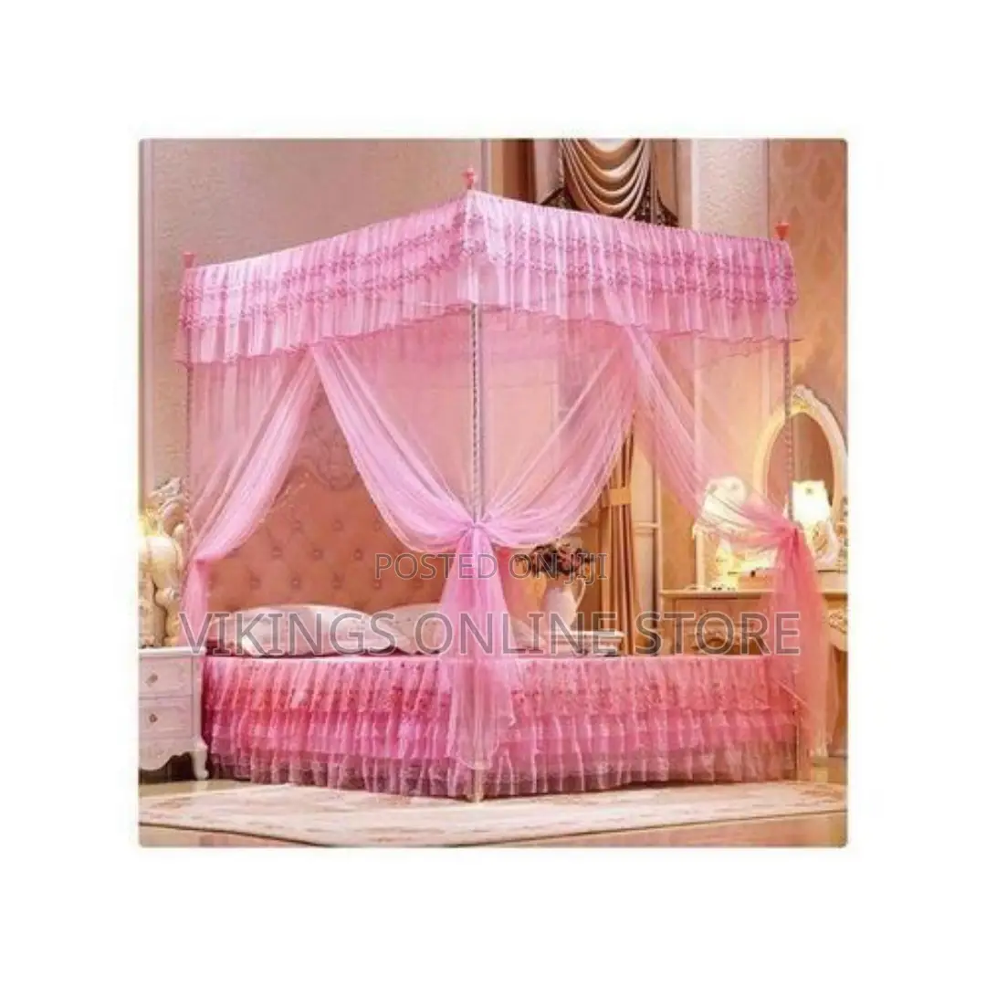 5 by 6 Four Stand Mosquito Net With Metallic Stand-Pink Net