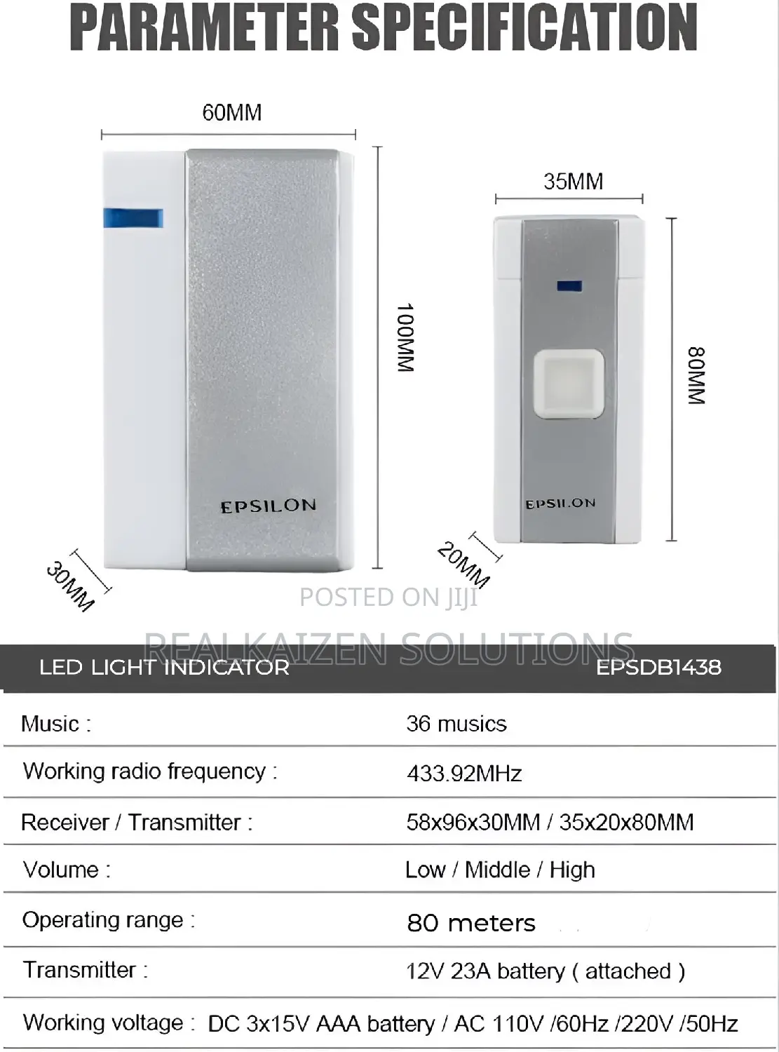 EPSILON Wireless Remote Control Doorbell 80meters