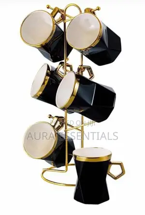 A Set of 6 Mugs With Metal Rack