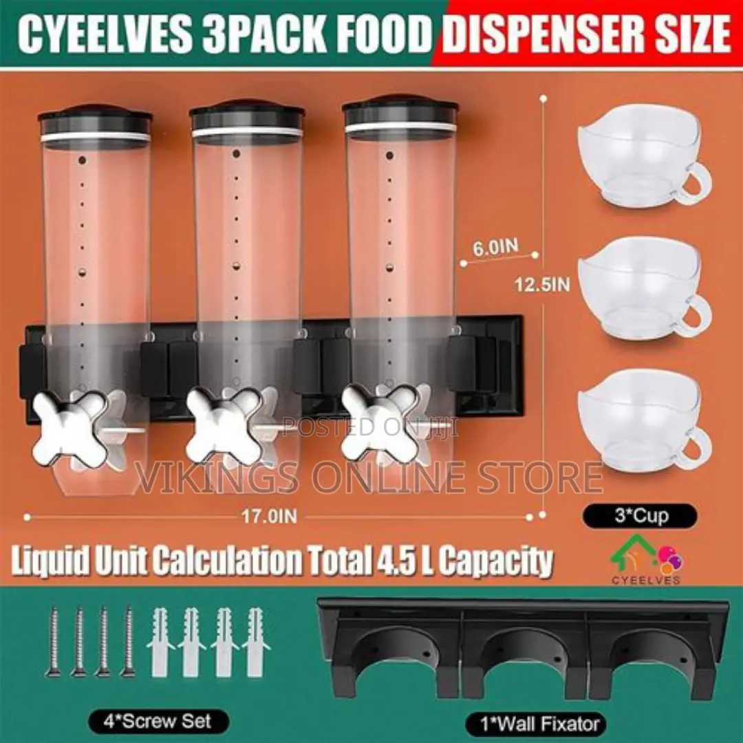 Cereal Dispenser Wall Mounted, Triple Dry Food Dispensers,