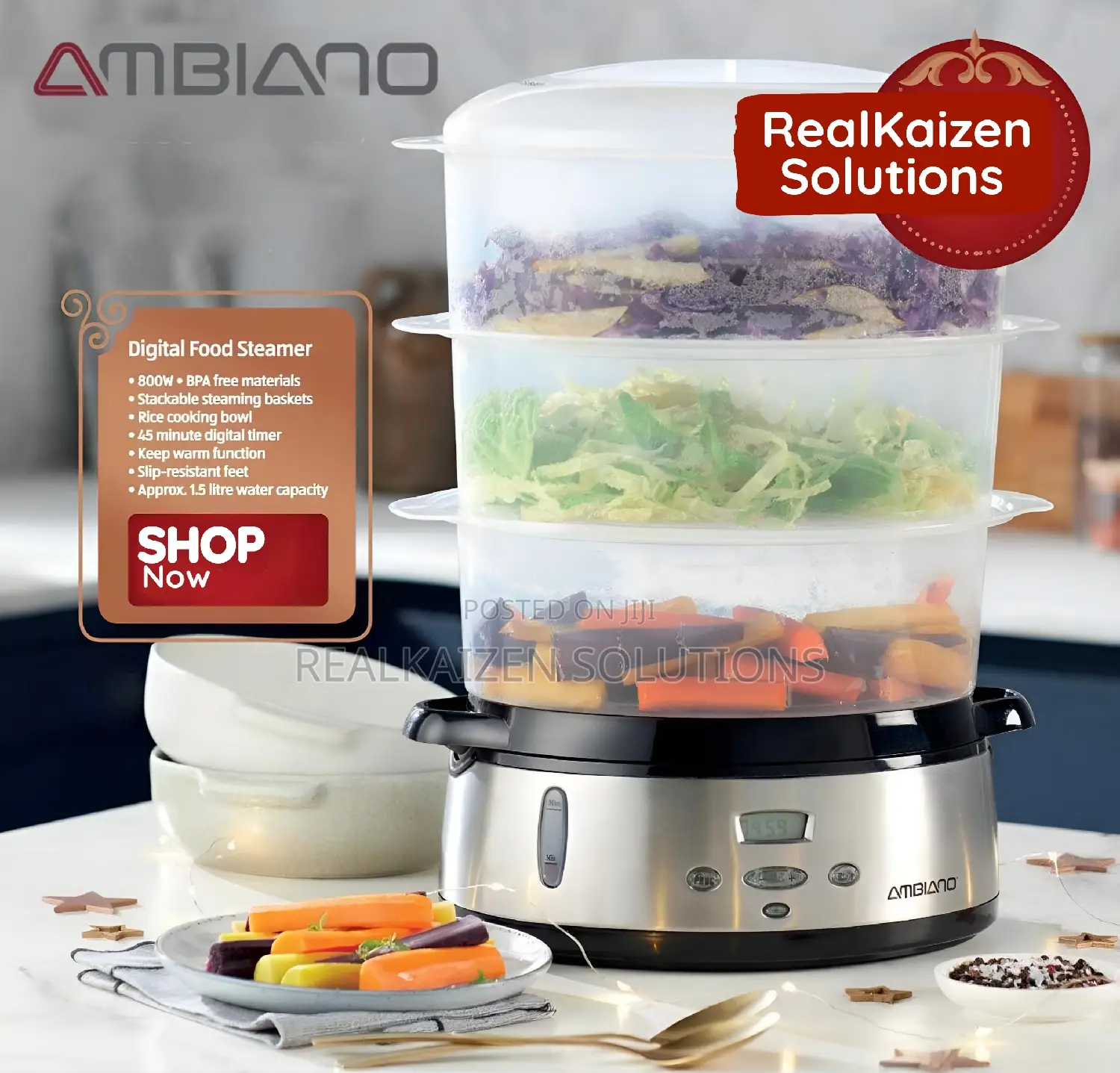 UK AMBIANO 3 Tier Digital Food Steamer With Rice Bowl 800W