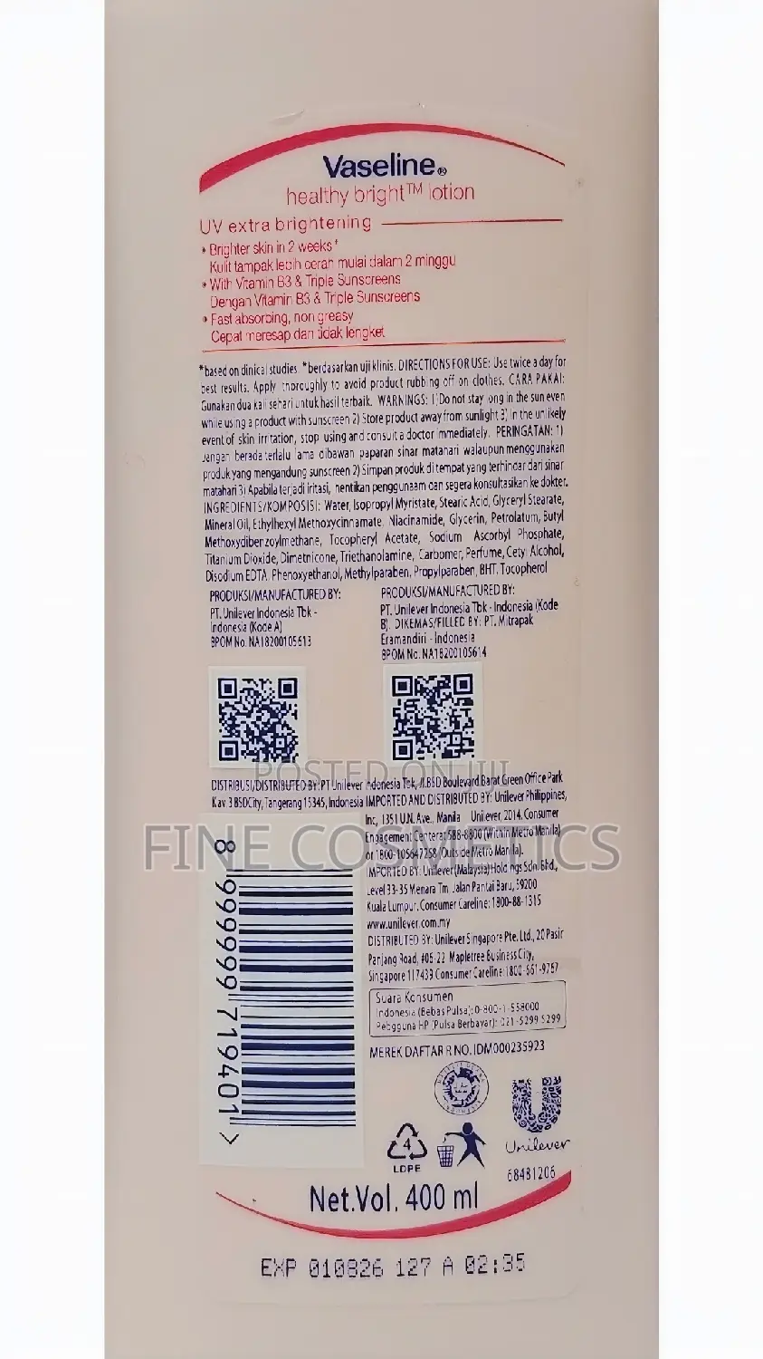 Original Vaseline Healthy Bright UV Extra Brightening Lotion