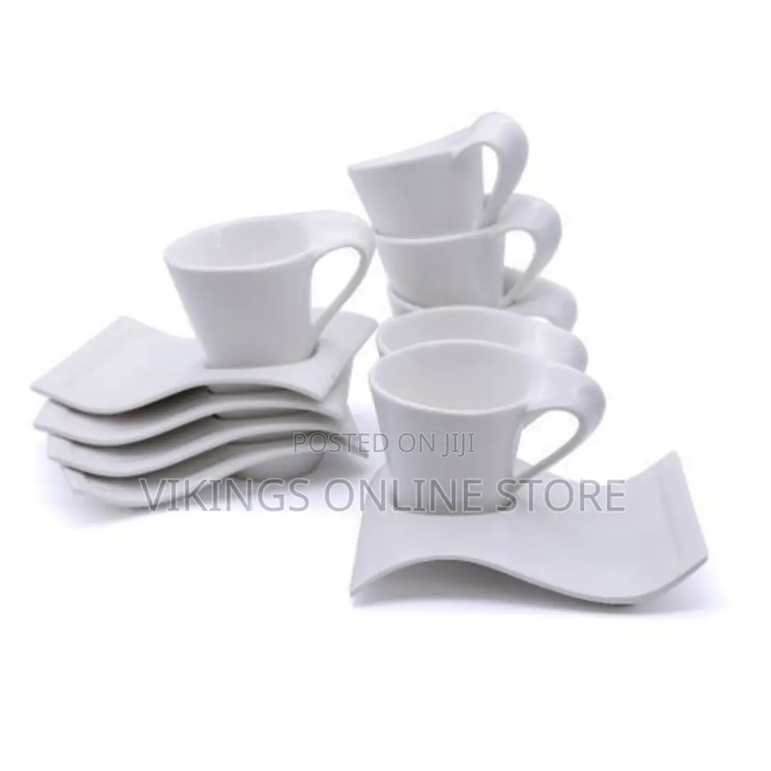 Wavy Lifesmile 6 Piece Tea Coffee Cups 6 Saucers - White.