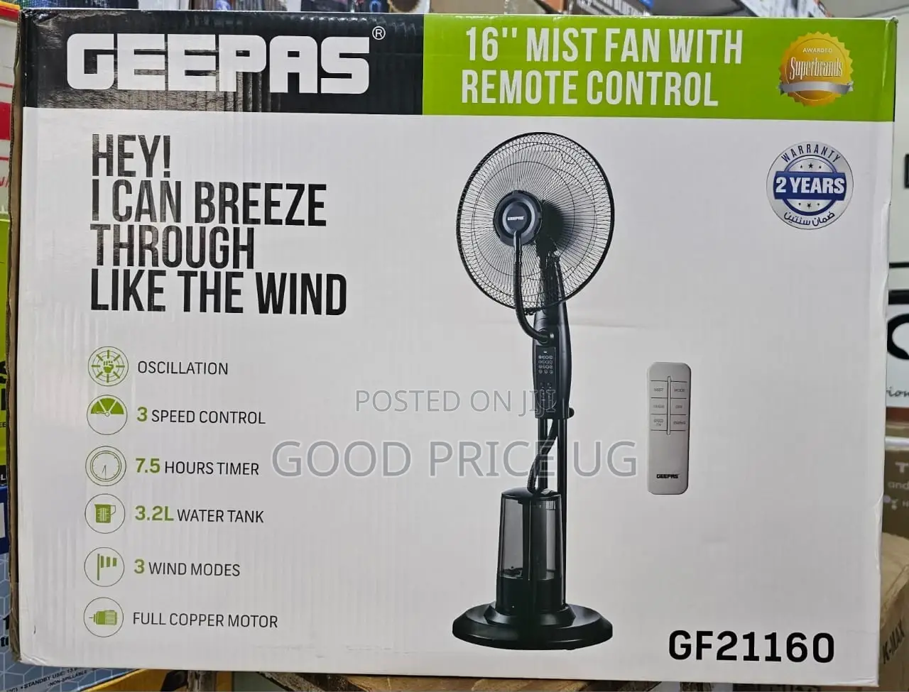 Geepas Digital Mist Fan With Remote Control System.