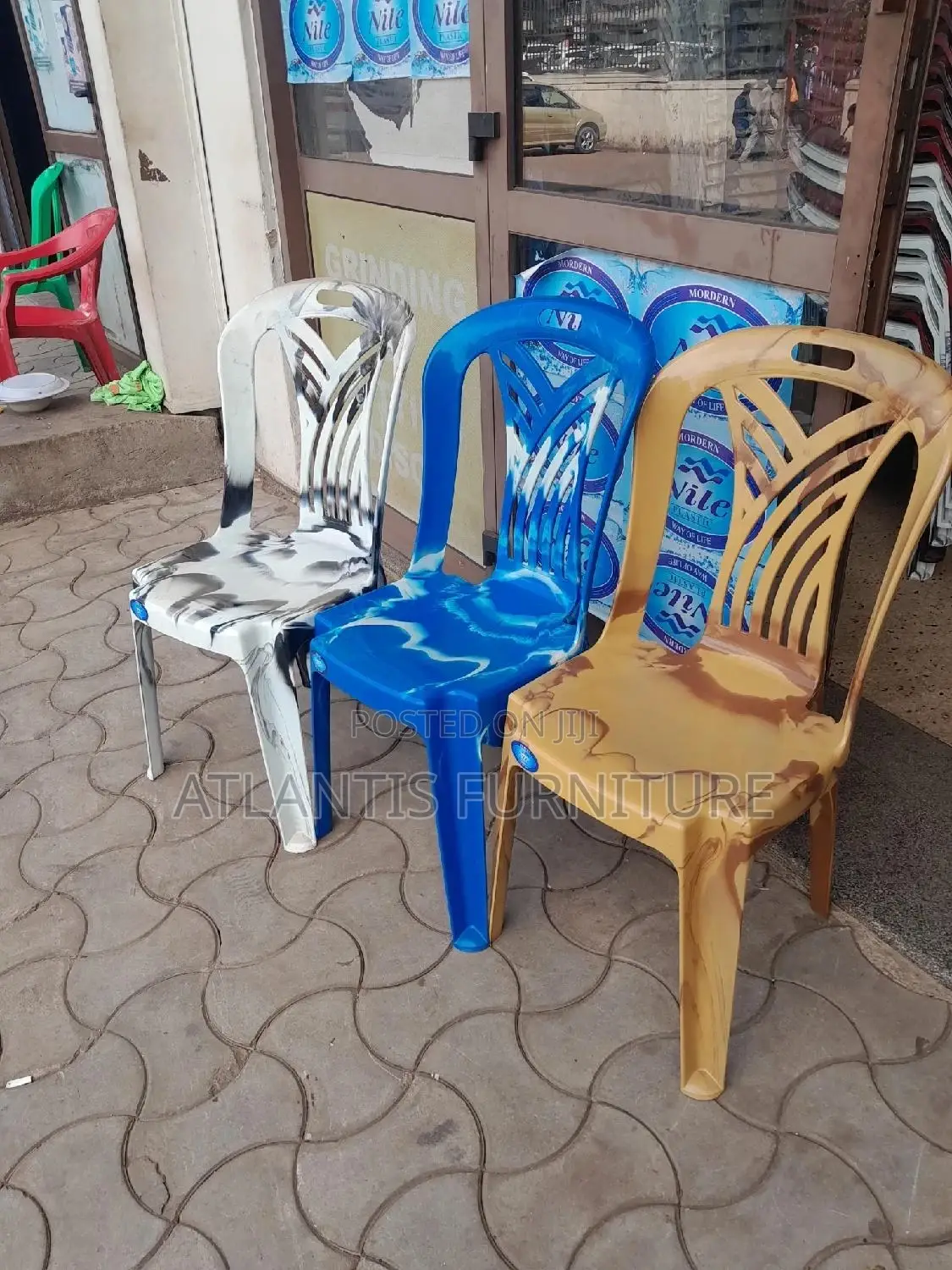 White Blue Brown Plastic Chairs