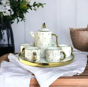 Rotating Tray,Cups, and Kettle Gold White