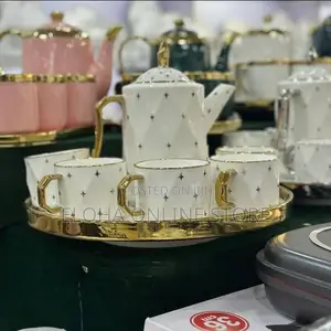Rotating Tray,Cups, and Kettle Gold White