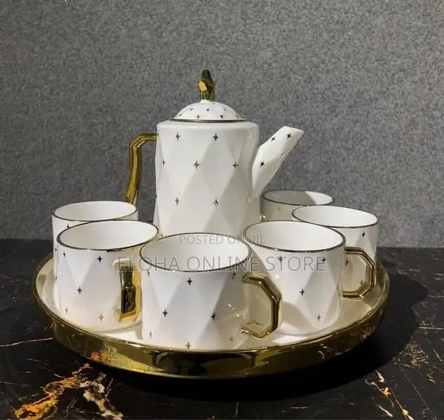Rotating Tray,Cups, and Kettle Gold White