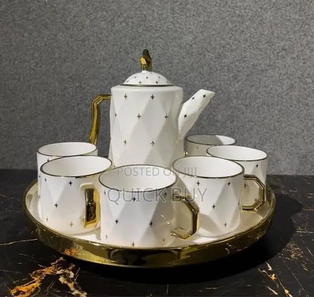 Rotating Tray,Cups, and Kettle Gold White