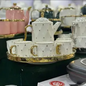 Luxury 8pcs Tea Set With Tea Pot and Tray, White- Gold