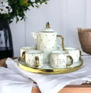 Rotating Tray,Cups, and Kettle Gold White
