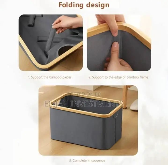 1pc Collapsible Linen Laundry Basket Bin With Bamboo Handles