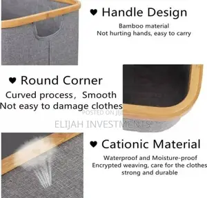 1pc Collapsible Linen Laundry Basket Bin With Bamboo Handles