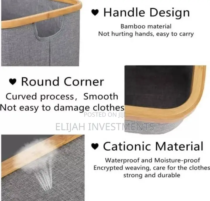 1pc Collapsible Linen Laundry Basket Bin With Bamboo Handles