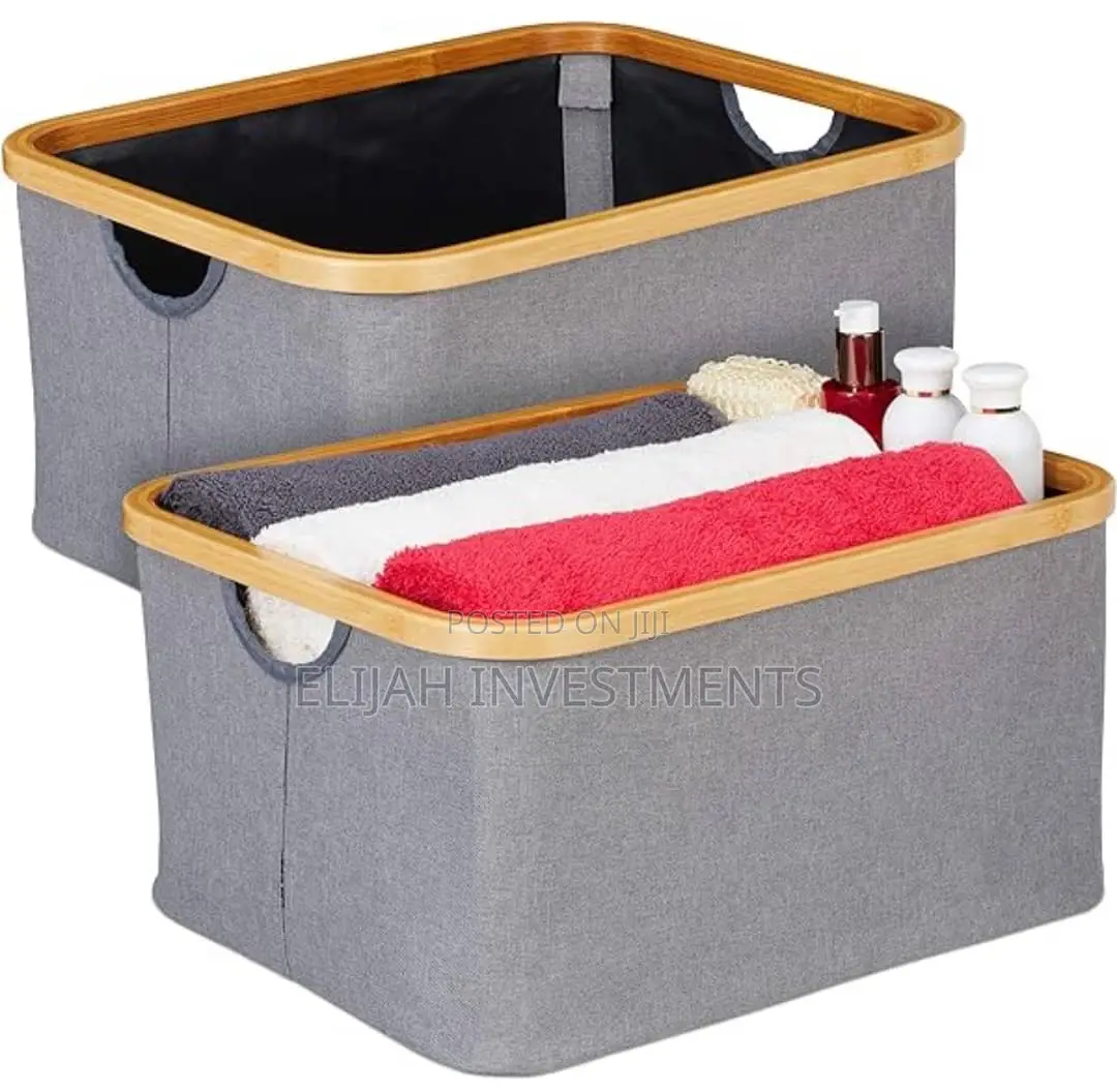 1pc Collapsible Linen Laundry Basket Bin With Bamboo Handles