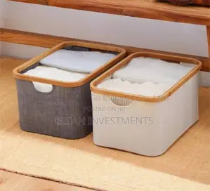 1pc Collapsible Linen Laundry Basket Bin With Bamboo Handles