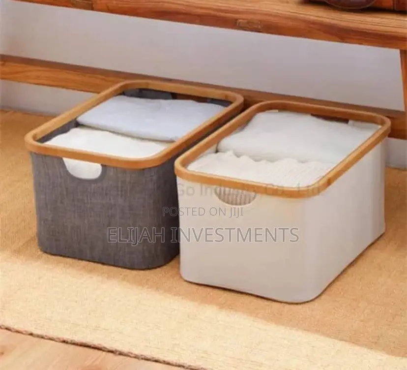 1pc Collapsible Linen Laundry Basket Bin With Bamboo Handles