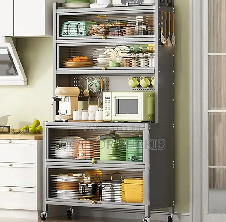6-tier Kitchen Rack With Microwave Stand, Wheels Flip Door