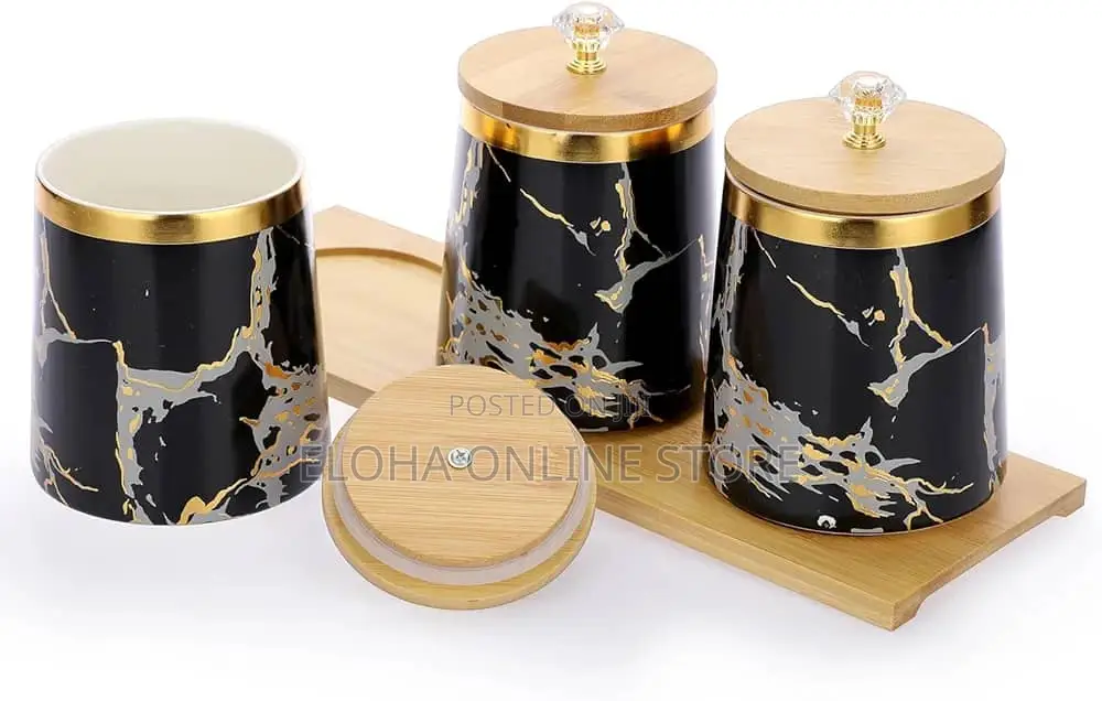 3 Air Tight Storage Canister Set With Wooden Base