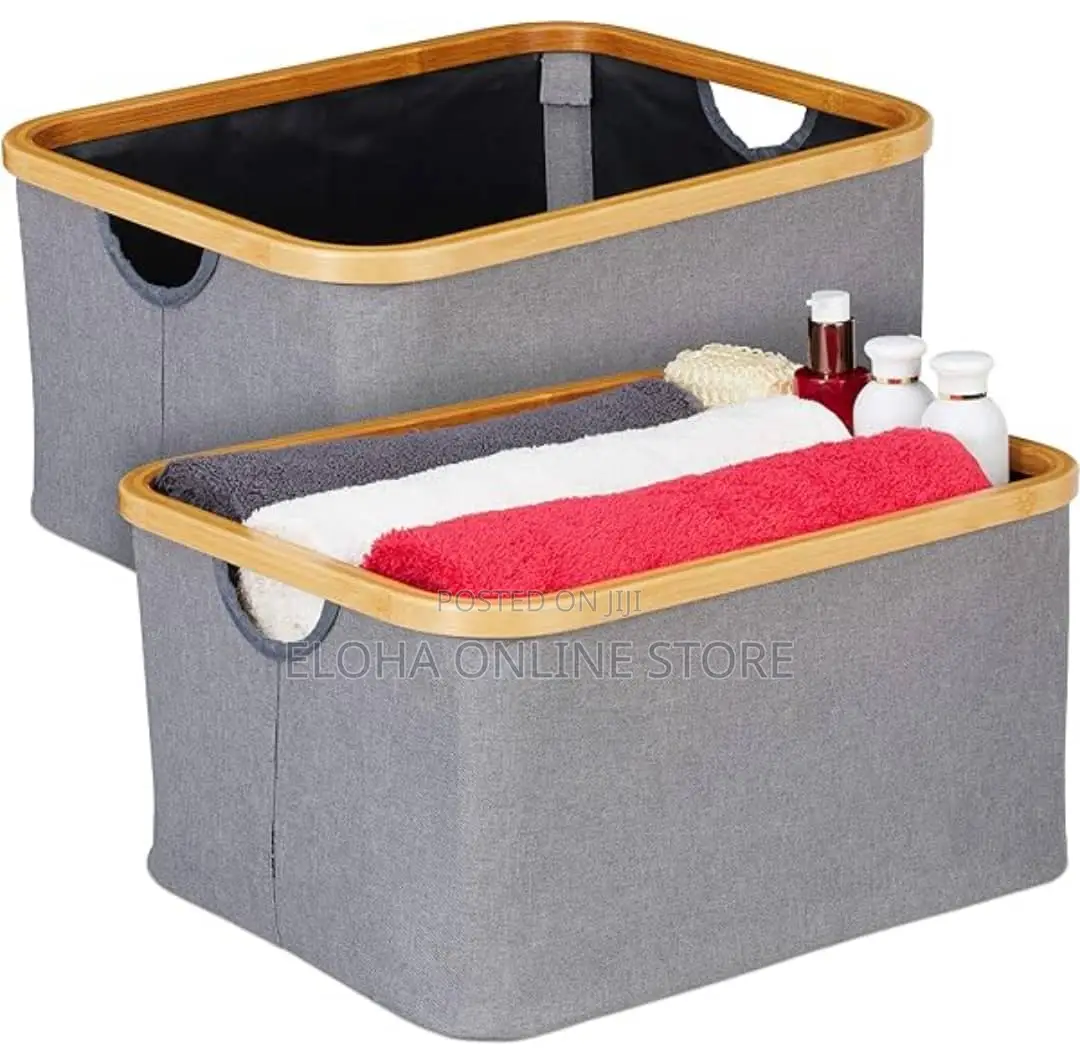 Collapsible Linen Laundry Basket With Bamboo Handles