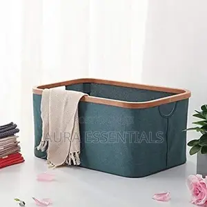 Collapsible Linen Laundry Basket Bin With Bamboo Handles