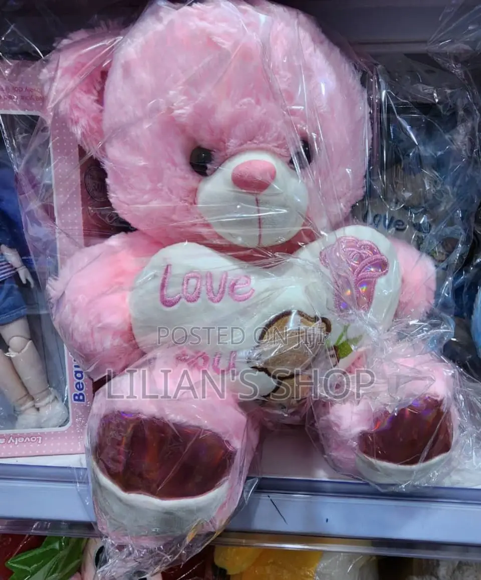 60cm Fur Teddy Bear With I Love U Heart Pink and Blue