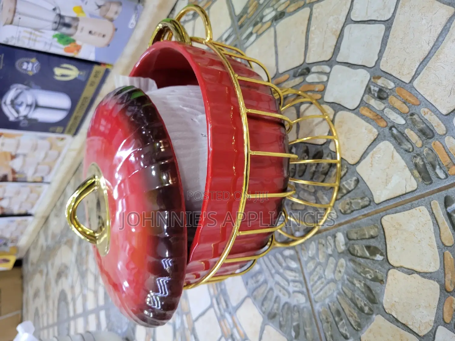 Ceramic Food Warmer/Gold Stand Apiece